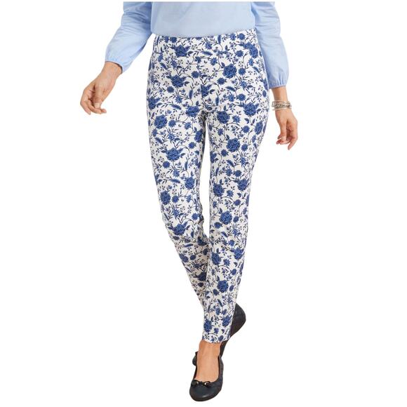 Talbots Blue Floral Chatham Ankle White Cotton Pants - Picture 1 of 12